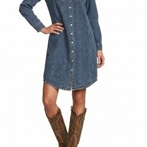 Reba Button-Front Denim Shirt Dress in Medium Blue